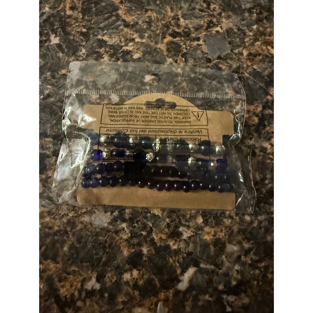 Fashion Jewelry‎ Navy Blue Beaded Stretch Bracelet Set 4 Piece Boho Stack Silver